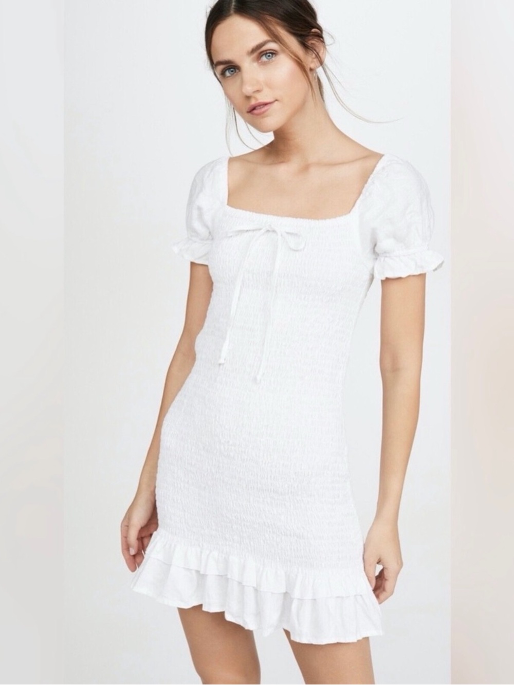 Faithfull the Brand White Smocked Mini Dress with Ruffle Hem